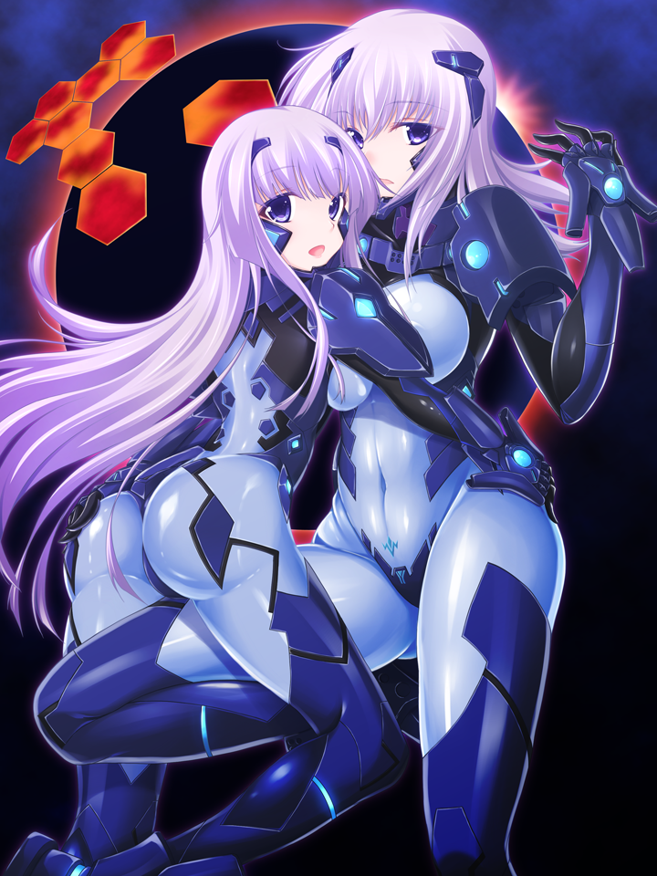 2girls, :o, armor, ass, asymmetrical_docking, black_background, blue_eyes, blue_legwear, bodysuit, breast_press, breasts, commentary_request, covered_navel, cryska_barchenowa, fortified_suit, gauntlets, groin, headset, hug, inia_sestina, large_breasts, long_hair, mecha_pilot_suit, multiple_girls, muv-luv, muv-luv_alternative, muv-luv_total_eclipse, official_art, oukasirayami, purple_hair, skin_tight, standing, very_long_hair