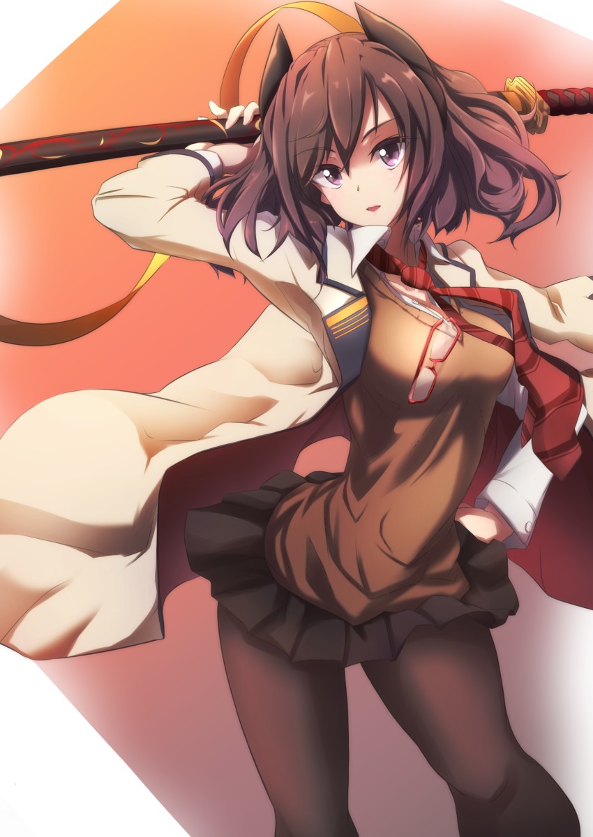 1girl, :d, absurdres, azur_lane, black_hair, black_skirt, bnb_(18750408), eyewear_hang