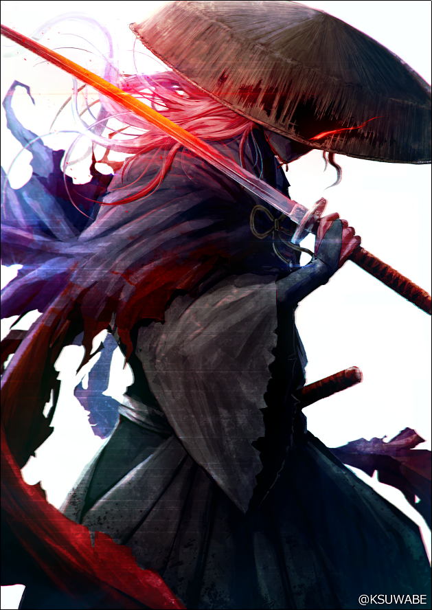 1boy, commentary_request, fate/grand_order, fate_(series), glowing, hakama, hakama_skirt, haori, hat, hidden_eyes, holding, holding_sword, holding_weapon, japanese_clothes, k-suwabe, long_hair, long_sleeves, male_focus, okada_izou_(fate), okada_izou_(second_ascension)_(fate), over_shoulder, sandogasa, skirt, solo, sword, sword_over_shoulder, weapon, weapon_over_shoulder, white_background, wide_sleeves