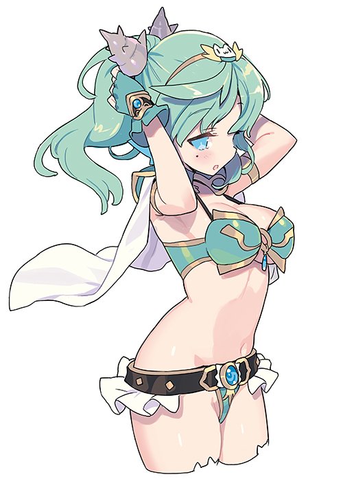 1girl, :o, animal_ear_legwear, armor, arms_up, belt, bikini, blade_(galaxist), blue_eyes, blush, breasts, brown_belt, cape, clarice_umbra, cleavage, commentary_request, cowboy_shot, cropped_legs, female_focus, fingerless_gloves, fins, gloves, gold_trim, green_bikini, green_gloves, green_hair, hair_ornament, half-closed_eyes, head_fins, long_hair, medium_breasts, mole, mole_under_eye, parted_lips, pauldrons, pop-up_story, profile, shell, shell_hair_ornament, shoulder_armor, simple_background, siren_(mythology), solo, swimsuit, twintails, white_background, white_cape