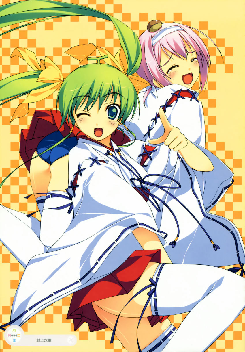 2girls, absurdres, ass, blush, bow, closed_eyes, green_eyes, green_hair