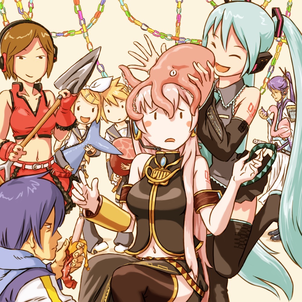 3boys, 5girls, bird, boned_meat, eggplant, everyone, family, fish, flamingo, food, hatsune_miku, kagamine_len, kagamine_rin, kaito_(vocaloid), kamui_gakupo, meat, megurine_luka, meiko_(vocaloid), multiple_boys, multiple_girls, octopus, paper_chain, party, peajon, sakine_meiko, sausage, shovel, tattoo, thighhighs, tuna, twintails, vocaloid, worktool