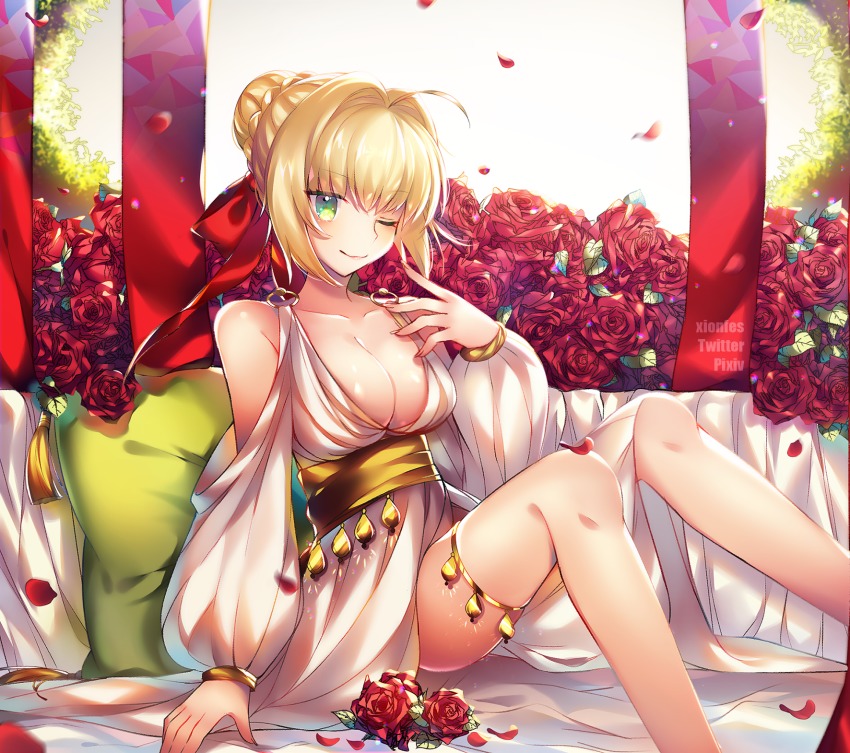 10s, 1girl, ahoge, artoria_pendragon_(fate), braid, breasts, bun_with_braided_base, cleavage