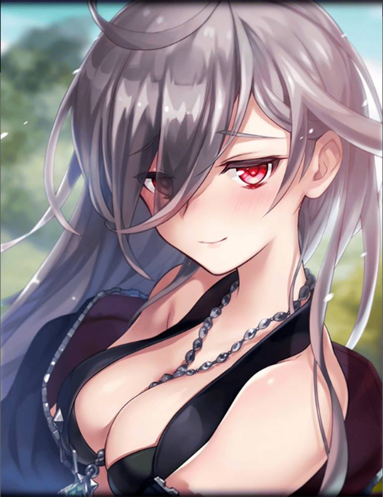 1girl, artist_request, black_jacket, black_killers_(phantom_of_the_kill), blush, breasts, cleavage, eyes_visible_through_hair, female_focus, game_cg, jacket, jewelry, laevateinn_(phantom_of_the_kill), large_breasts, long_hair, looking_at_viewer, necklace, official_art, phantom_of_the_kill, red_eyes, silver_hair, smile, solo