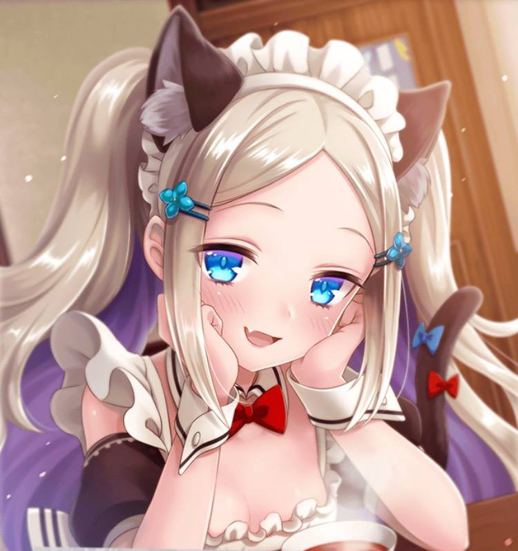 1girl, animal_ears, apron, artist_request, blonde_hair, blue_eyes, blush, cat_ears, cat_tail, fang, long_hair, maid, maid_apron, maid_headdress, naegling, official_art, open_mouth, phantom_of_the_kill, tail