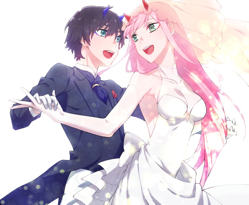 10s, 1boy, 1girl, bare_shoulders, black_hair, black_suit, blue_eyes, blue_horns, breasts, bridal_veil, cleavage, collarbone, commentary_request, couple, darling_in_the_franxx, dress, elbow_gloves, fang, formal_clothes, gloves, green_eyes, hetero, highres, hiro_(darling_in_the_franxx), holding_hands, horns, leje39, long_hair, looking_back, medium_breasts, necktie, oni_horns, open_clothes, open_mouth, pink_hair, purple_neckwear, red_horns, short_hair, sleeveless, sleeveless_dress, smile, suit, veil, wedding_dress, white_dress, white_gloves, zero_two_(darling_in_the_franxx)