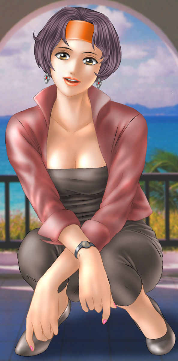 1girl, black_hair, black_pants, black_tube_top, breasts, cleavage, collarbone, earrings, female_focus, headband, highres, jacket, jewelry, lips, lipstick, looking_at_viewer, makeup, medium_breasts, neck, open_mouth, orange_lips, pants, rahxephon, round_teeth, shitou_haruka, short_hair, smile, solo, squatting, strapless, teeth, toten_(der_fuhrer), tube_top, yellow_eyes