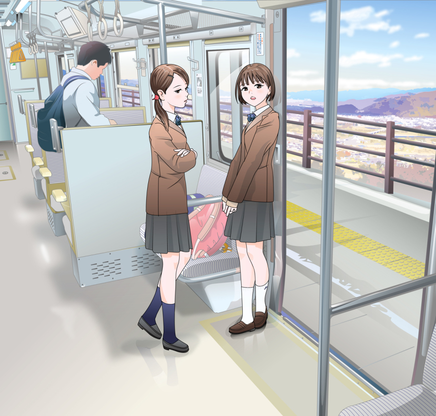 1boy, 2girls, backpack, bag, black_hair, blazer, blue_bag, blue_bow