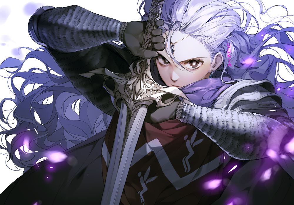 1girl, :|, armor, artist_name, black_gloves, brown_eyes, cape, closed_mouth