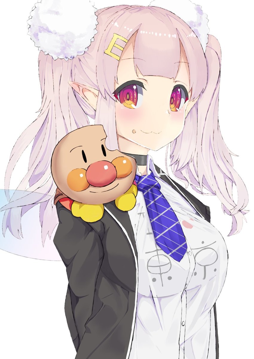 :3, alternate_hairstyle, black_choker, black_jacket, blazer, blue_neckwear, blunt_bangs, blush, breasts, buttons, choker, cosplay, elf, elu_(nijisanji), fairy_wings, food, food_on_face, gradient_eyes, hair_ornament, hairclip, highres, higuchi_kaede, higuchi_kaede_(cosplay), i_heart..., jacket, long_hair, looking_at_viewer, medium_breasts, multicolored_eyes, nijisanji, open_clothes, open_jacket, pink_eyes, pink_hair, pointy_ears, school_uniform, scrunchie, see-through_clothes, shirt, upper_body, virtual_youtuber, white_background, white_scrunchie, white_shirt, wings, yellow_eyes