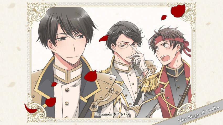 3boys, aiguillette, armor, black_hair, blush, brown_hair, buttons, epaulettes