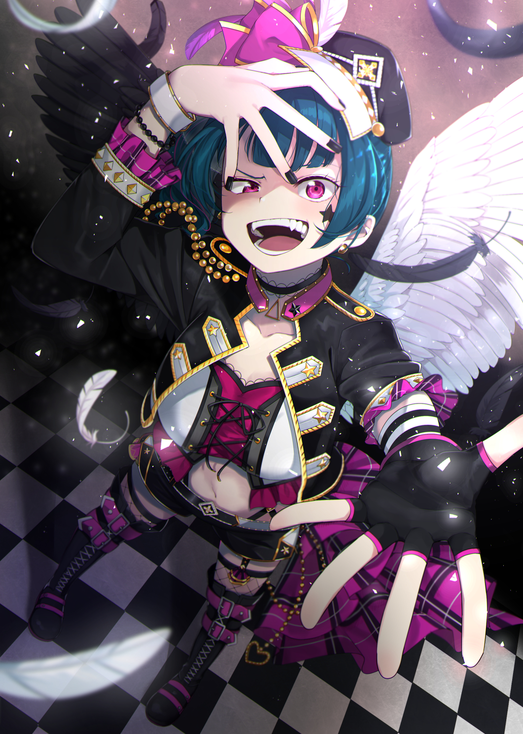 1girl, belt, birthday, black_feathers, black_hair, black_wings, blue_hair, blunt_bangs