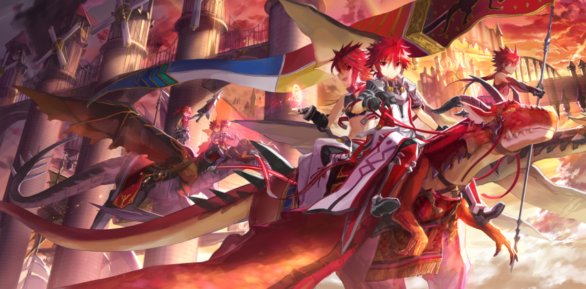 bridge, dragon, riding_dragon, elsword, elsword_(character), infinity_sword_(elsword), long_hair, lord_knight_(elsword)