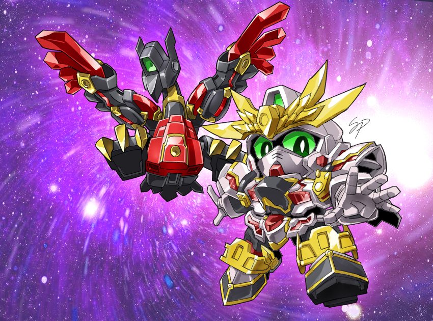 10s, armed_armor_hattori, chibi, commentary, green_eyes, gundam, gundam_build_divers, highres, light_particles, looking_at_viewer, mecha, robot_bird, no_humans, nt-d, open_hands, robot, robot_animal, rx-zeromaru, sd_gundam, signature, spikeagul