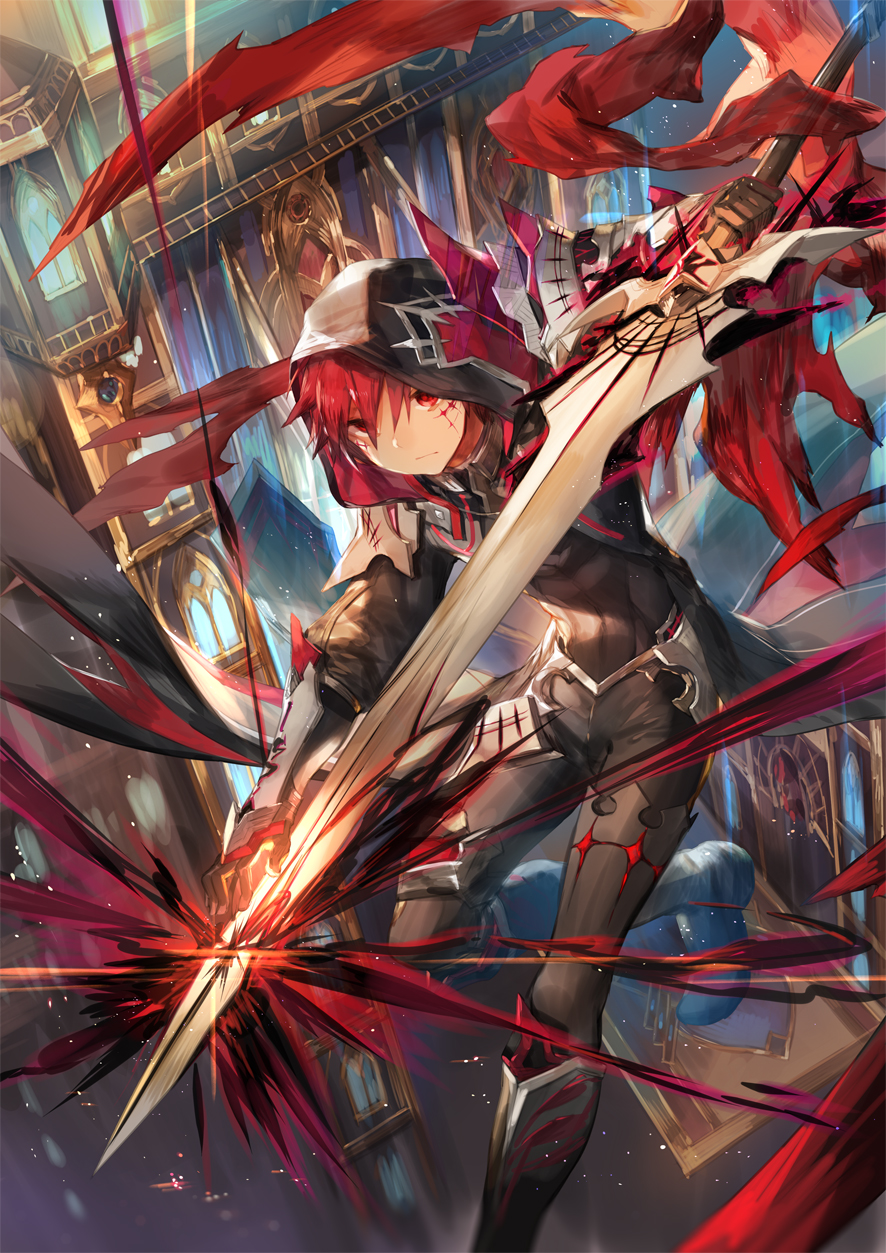 1boy, armor, armored_boots, boots, charging, cosplay, costume_switch, elsword, elsword_(character), energy, facial_mark, fenriart_solace, gauntlets, highres, hood, red_eyes, red_hair, scarf, scorpion5050, shoulder_armor, sword, weapon