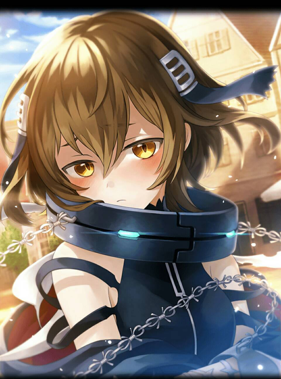 1girl, artist_request, barbed_wire, black_killers_(phantom_of_the_kill), blush, breasts, brown_hair, collar