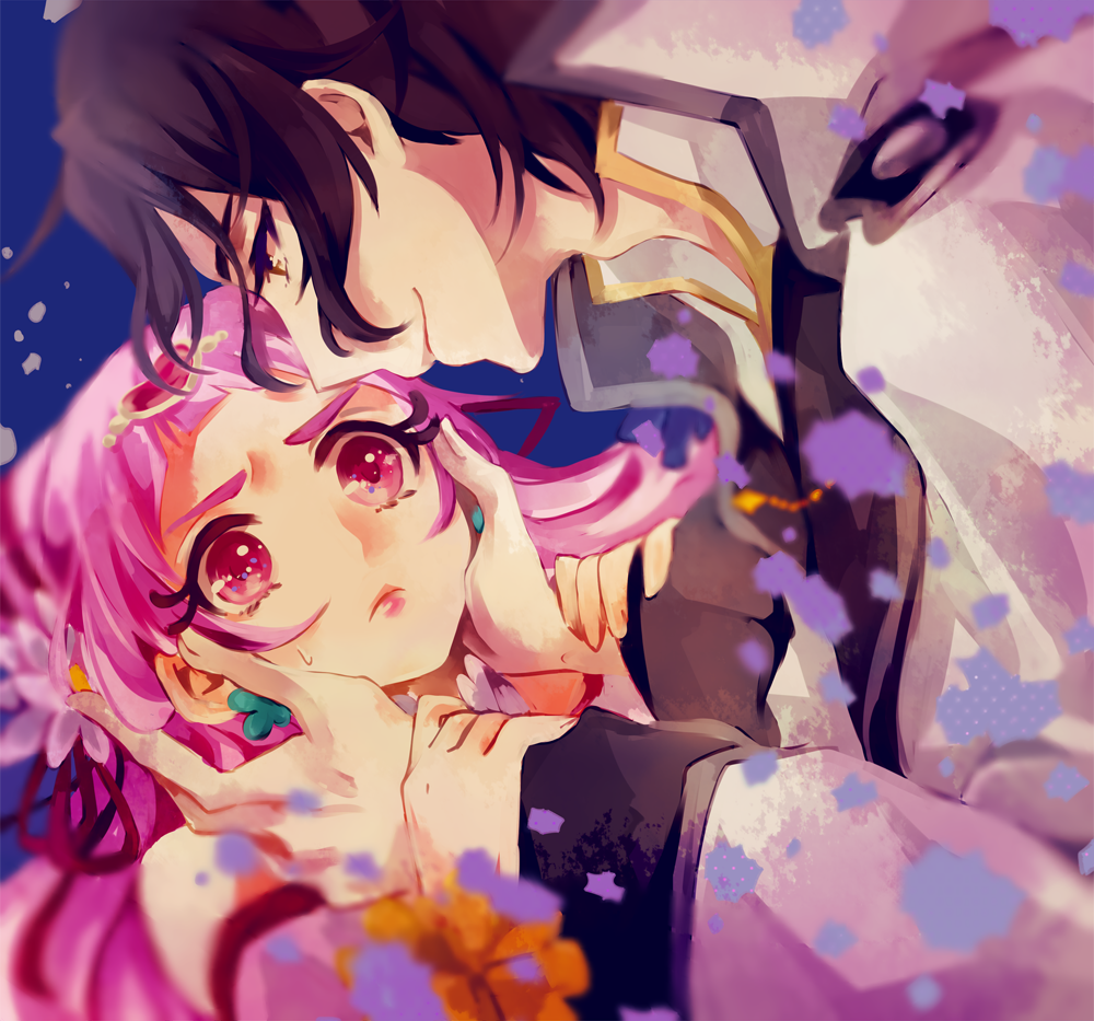 10s, 1boy, 1girl, bare_shoulders, black_hair, blue_background, commentary_request, cure_yell