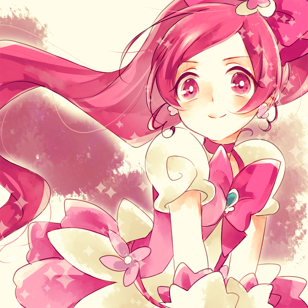 1girl, bow, brooch, choker, close-up, cure_blossom, dress, earrings