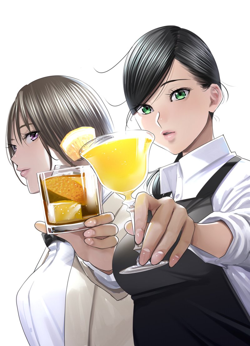 2girls, alcohol, apron, beige_jacket, black_bow, black_hair, bow, brown_hair