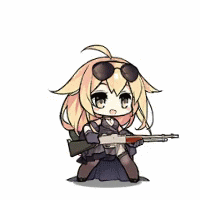 animated, animated_gif, automatic_rifle, black_dress, chibi, dress, eyewear_on_head, full_body