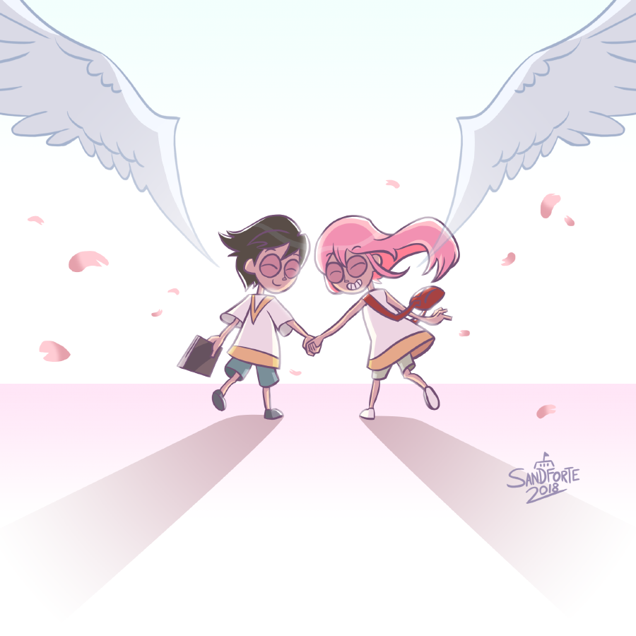 10s, 1boy, 1girl, bag, black_footwear, black_hair, blue_shorts, book