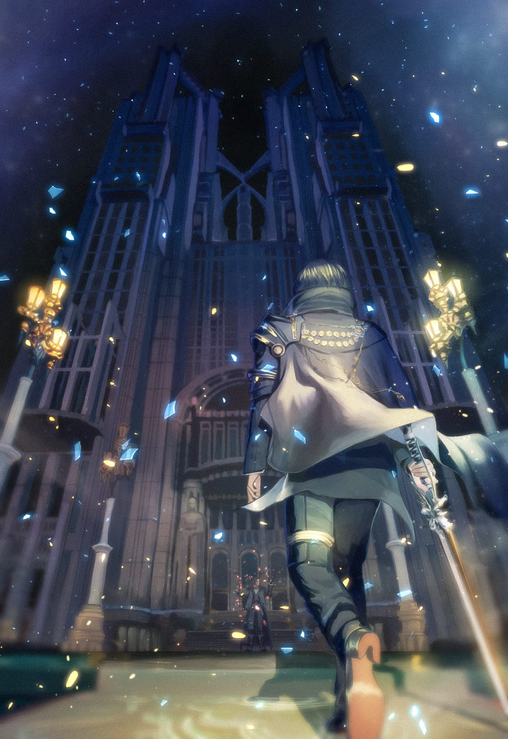2boys, aged_up, ardyn_izunia, armor, back, birctreel, black_hair, building, cape, crystal, final_fantasy, final_fantasy_xv, formal_clothes, from_behind, lamppost, multiple_boys, night, noctis_lucis_caelum, pauldrons, scenery, shadow, shoulder_armor, sky, sparkle, spoilers, stairs, statue, suit, sword, walking, weapon