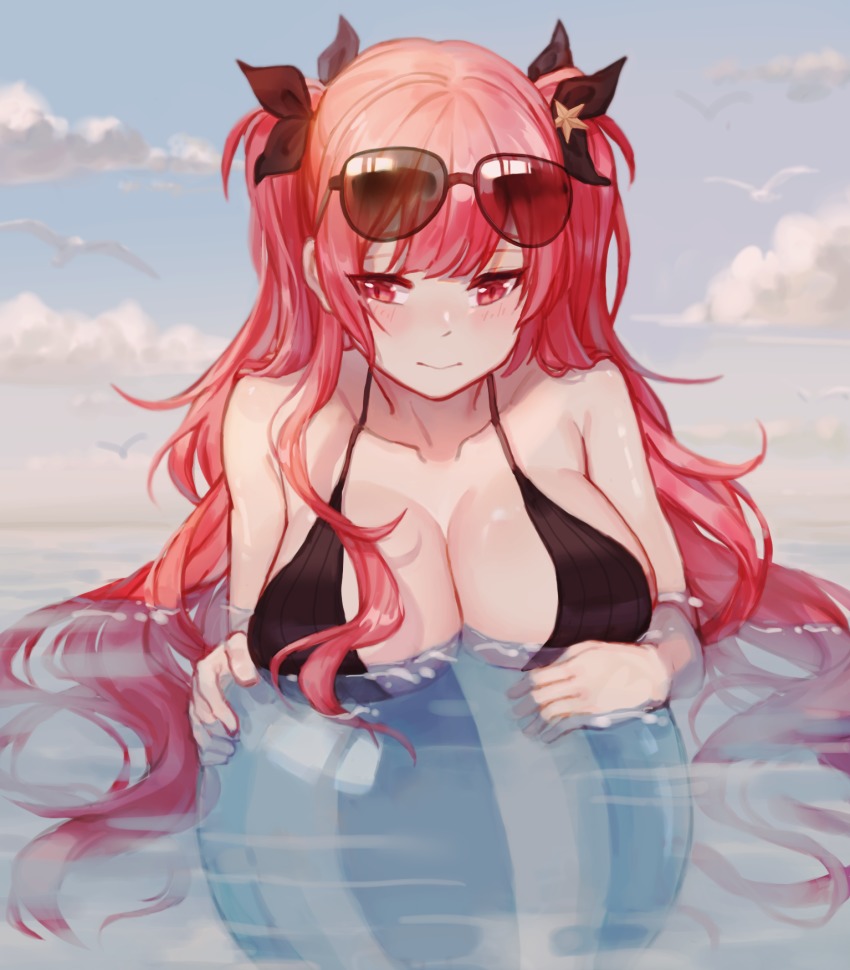 1girl, azur_lane, ball, beachball, bekko, bikini, black_bikini, breasts