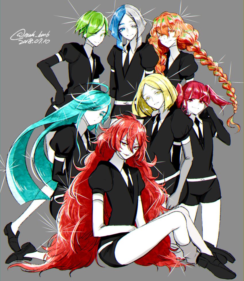 6+others, alexandrite_(houseki_no_kuni), aqua_hair, black_neckwear, blonde_hair, blue_hair, chromatic_aberration, elbow_gloves