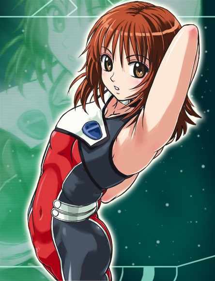 00s, 1girl, :o, arm_behind_head, arm_up, armpits, blush, body_blush, bodysuit, brown_eyes, brown_hair, choker, collarbone, embarrassed, fat_mons, female_focus, flat_chest, geneshaft, glowing, hair_between_eyes, haruyama_kazunori, looking_at_viewer, looking_back, mika_seidou, navel, profile, short_hair, skin_tight, skindentation, sky, sleeveless, solo, space, standing, star_(sky), starry_sky, uniform, zoom_layer
