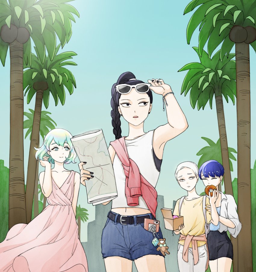 4others, alternate_costume, alternate_hairstyle, androgynous, belt, black_eyes, black_hair, blue_eyes, blue_hair, blunt_bangs, bort, braid, cairngorm_(houseki_no_kuni), casual, cellphone, closed_eyes, clothes_around_waist, contemporary, day, diamond_(houseki_no_kuni), donut, dress, earrings, eating, eyewear_on_head, food, hand_in_own_hair, highres, houseki_no_kuni, jacket, jacket_around_waist, jewelry, long_hair, map, multicolored_hair, multiple_others, mydeerwitch, outdoors, palm_tree, phone, phosphophyllite, phosphophyllite_(ll), rainbow_hair, shirt, short_hair, shorts, single_braid, skirt, smartphone, smile, spoilers, sunglasses, t-shirt, tank_top, tree, white_eyes, white_hair