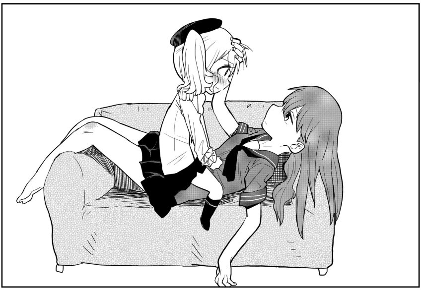 2girls, aged_down, barefoot, beret, blush, closed_mouth, clothes_grab, commentary