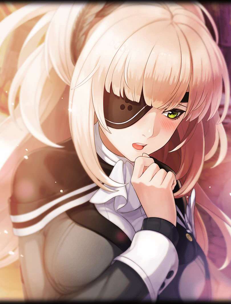 aphrodite_(phantom_of_the_kill), artist_request, black_capelet, blonde_hair, blush, breasts, capelet, eyepatch