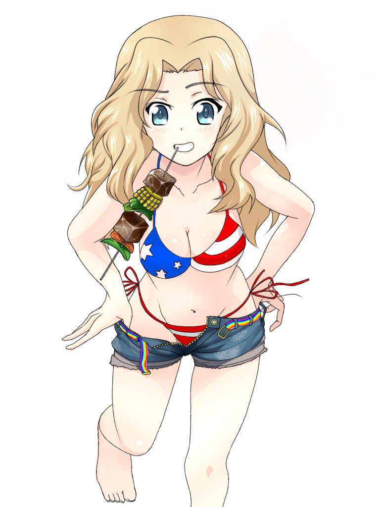 10s, 1girl, american_flag, american_flag_bikini, american_flag_print, apachai_k, barefoot, belt