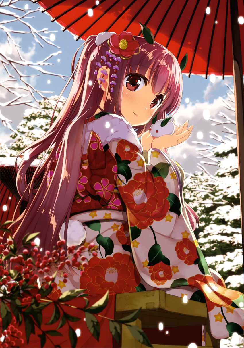 1girl, absurdres, bench, blue_sky, blush, brown_eyes, cloud, copyright_request