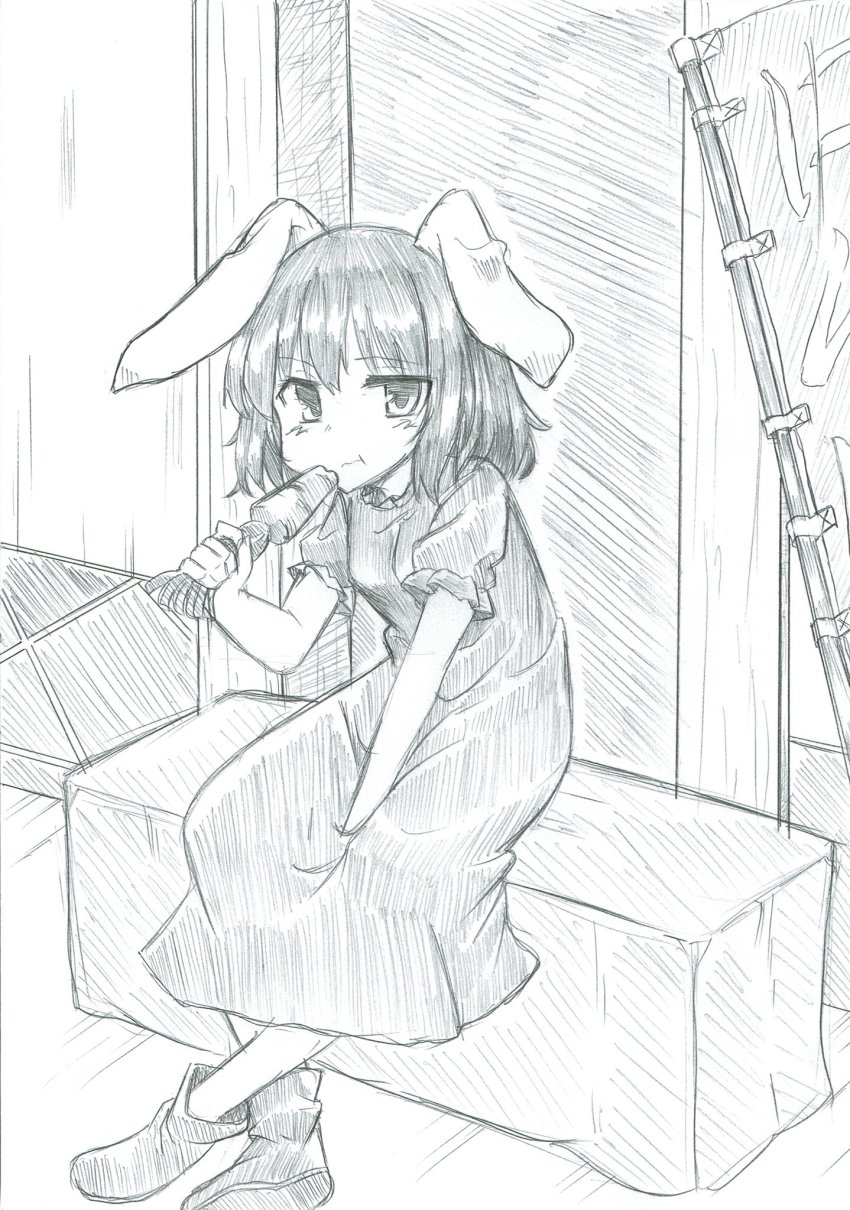 1girl, animal_ears, between_legs, blush, boots, carrot, dress, eating