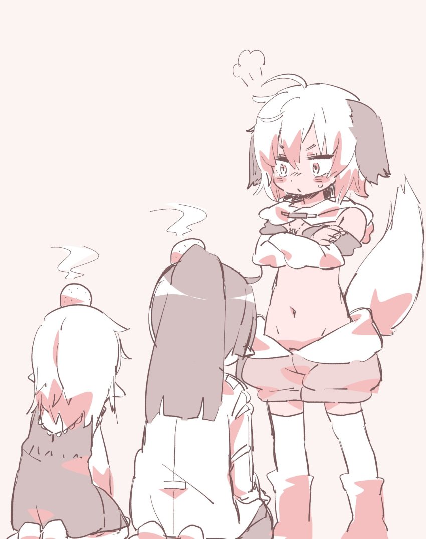 3girls, akari_(raigou), angry, animal_ears, crossed_arms, dark-skinned_female, dark_skin, detached_sleeves