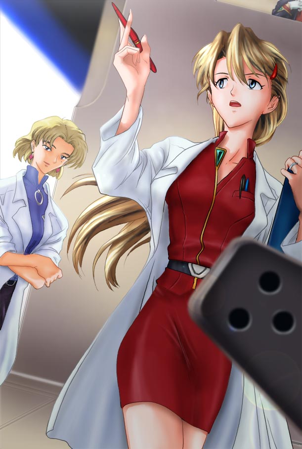 1boy, 2girls, aged_up, akagi_ritsuko, blonde_hair, blue_eyes, hair_ornament, hairclip, lab_coat, long_sleeves, meguro_fukuzou, mole, mole_under_eye, multiple_girls, neon_genesis_evangelion, pencil_skirt, skirt, soryu_kyouko_zeppelin, souryuu_asuka_langley