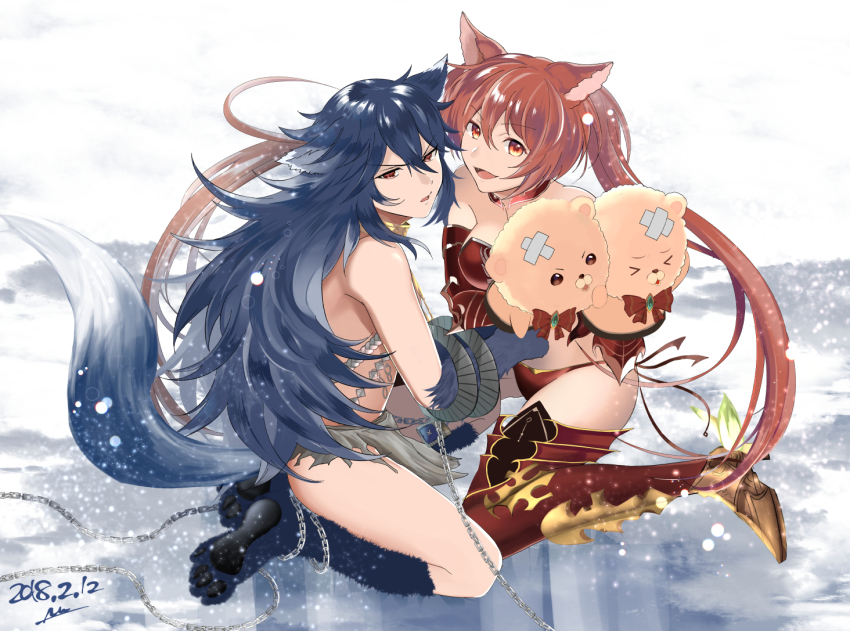 2girls, :d, animal_ears, animal_hands, armor, bare_shoulders, big_hair, blue_hair, breasts, cerberus_(shingeki_no_bahamut), chain, chained, commentary_request, dated, dog_ears, dog_girl, fang, fenrir_(shingeki_no_bahamut), flat_chest, from_side, full_body, gloves, gold_trim, granblue_fantasy, hair_between_eyes, half-closed_eyes, hand_puppet, large_breasts, long_hair, looking_at_viewer, looking_to_the_side, multiple_girls, nuu_(liebe_sk), open_mouth, parted_bangs, paw_gloves, paw_shoes, puppet, red_eyes, red_hair, shingeki_no_bahamut, signature, sitting, slit_pupils, smile, spiked_hair, tail, tsurime, twintails, v-shaped_eyebrows, very_long_hair, wolf_ears, wolf_girl, wolf_tail