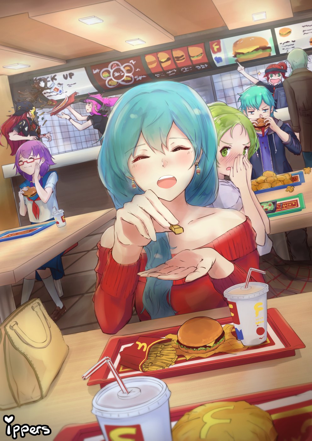 2boys, 6+girls, anna_(fire_emblem), aqua_hair, bag, bare_shoulders, blush, brown_footwear, burger, chicken_nuggets, closed_eyes, closed_mouth, commentary, cup, disposable_cup, dropping, earrings, eating, eirika_(fire_emblem), employee_uniform, english_commentary, ephraim_(fire_emblem), fast_food, fast_food_uniform, fire_emblem, fire_emblem:_the_sacred_stones, fire_emblem_heroes, food, food_on_face, french_fries, hair_between_eyes, handbag, highres, holding, holding_food, innes_(fire_emblem), ippers, jewelry, joshua_(fire_emblem), l'arachel_(fire_emblem), long_hair, lute_(fire_emblem), marisa_(fire_emblem), menu, multiple_boys, multiple_girls, nintendo, off-shoulder, off-shoulder_sweater, off_shoulder, open_mouth, outstretched_hand, pointing, red_sweater, restaurant, salad, school_uniform, serafuku, smile, soft_drink, sweater, table, tile_floor, tiles, tray, visor_cap, white_legwear