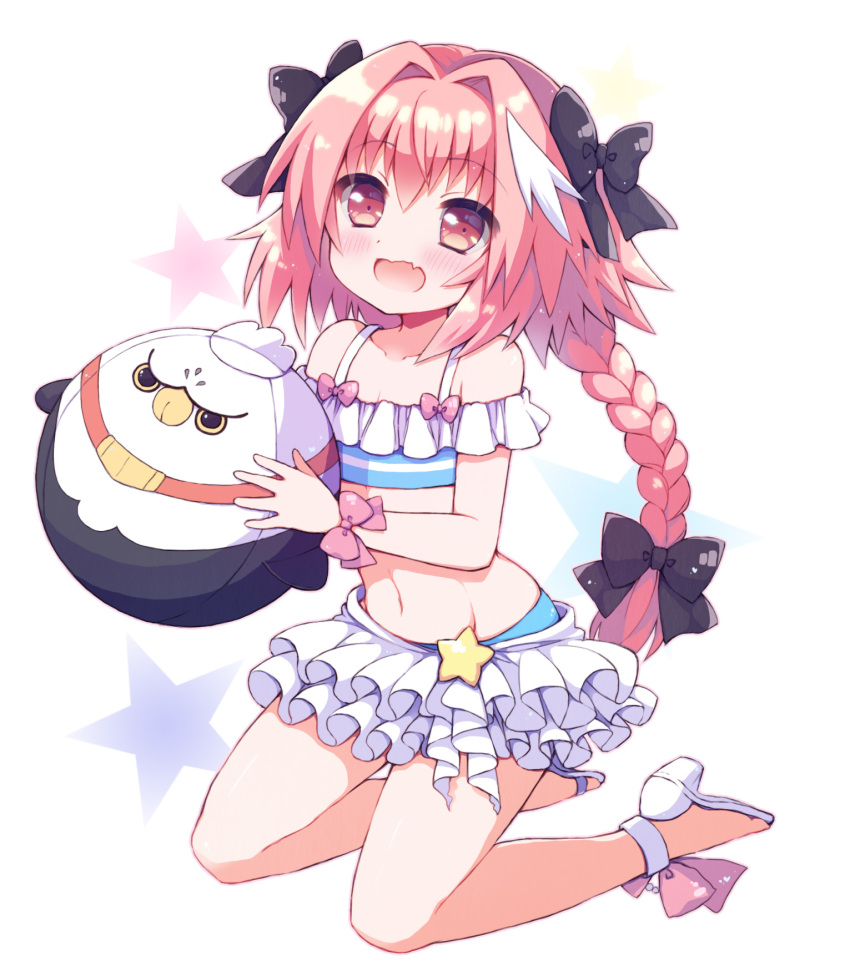 1boy, :d, ankle_ribbon, astolfo_(fate), astolfo_(sparkling_frills)_(fate), ball, bare_shoulders, beachball, bikini, black_bow, black_ribbon, blue_bikini, blush, bow, braid, brooch, chonkoo, collarbone, commentary_request, fang, fate/extella, fate/extella_link, fate/extra, fate_(series), frilled_skirt, frills, full_body, groin, hair_between_eyes, hair_bow, hair_intakes, hair_ribbon, high_heel_sandals, high_heels, highres, holding, jewelry, kneeling, layered_skirt, leg_ribbon, long_hair, looking_at_viewer, male_focus, miniskirt, multicolored_hair, navel, off-shoulder_bikini, off_shoulder, official_alternate_costume, open_mouth, pink_eyes, pink_hair, pink_ribbon, ribbon, sandals, sidelocks, single_braid, skirt, smile, solo, star_(symbol), star_brooch, star_symbol_background, stomach, streaked_hair, striped_bikini, striped_clothes, swimsuit, trap, very_long_hair, white_background, white_footwear, white_hair, white_skirt, wrist_ribbon