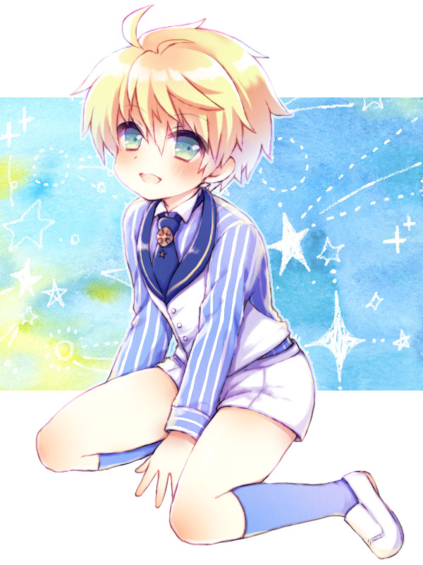 1boy, :d, aged_down, ahoge, arthur_pendragon_(fate), arthur_pendragon_(white_rose)_(fate), between_legs, blonde_hair
