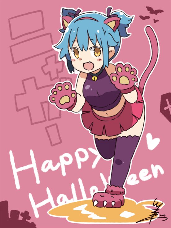 1girl, :d, alternate_hairstyle, animal_ears, animal_hands, bat_(animal), bell, blue_hair