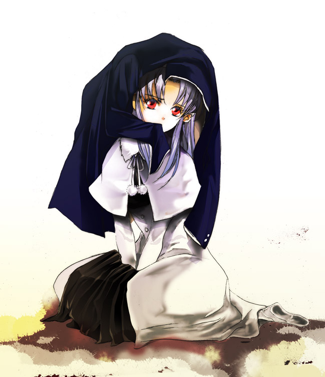 00s, aki_(sakami), blue_hair, dress, long_hair, melty_blood, red_eyes, solo
