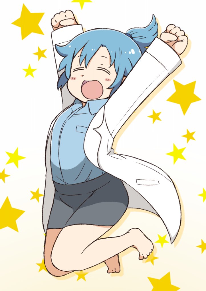 1girl, arms_up, barefoot, black_skirt, blue_hair, blue_shirt, blush_stickers, clenched_hands
