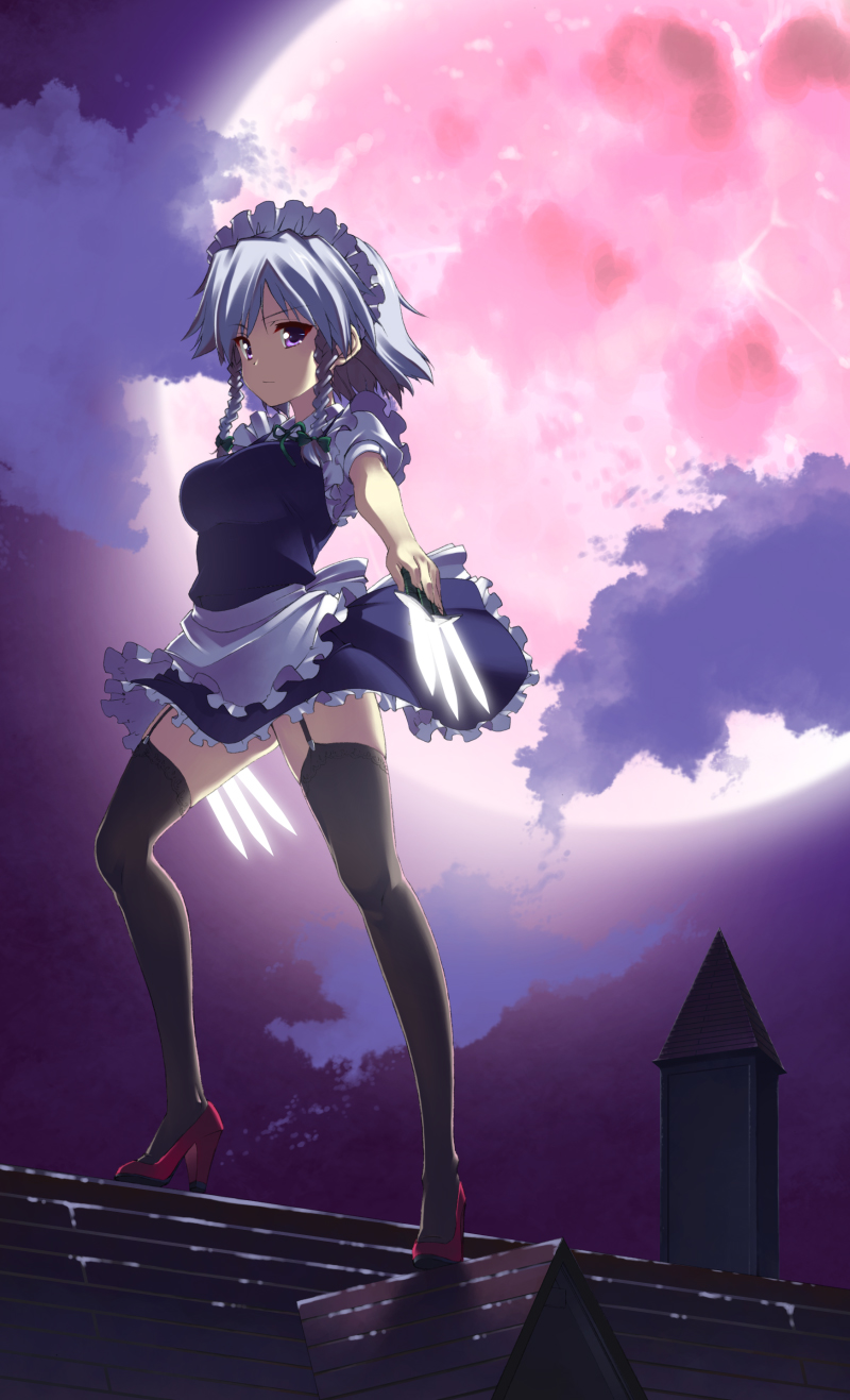 1girl, between_fingers, black_thighhighs, breasts, female_focus, garter_straps, high_heels, highres, holding, hyouju_issei, izayoi_sakuya, knife, large_breasts, legs, lingerie, long_legs, moon, purple_eyes, red_moon, rooftop, shoes, short_hair, silver_hair, solo, thighhighs, thighs, throwing_knife, touhou, tsukiyo-b, underwear, weapon
