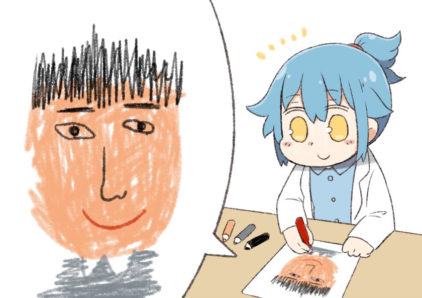 <o>_<o>, 1girl, blue_hair, blue_shirt, blush_stickers, child's_drawing, collared_shirt, commentary_request