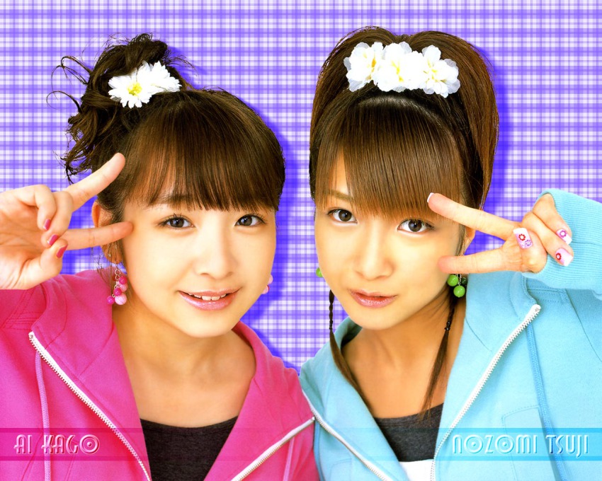 2girls, :d, blunt_bangs, brown_eyes, brown_hair, double_you, earrings, east_asian