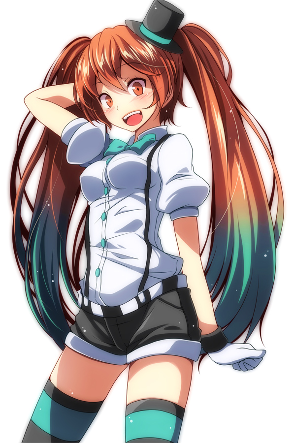 1girl, :d, aqua_bow, aqua_hair, bad_id, bad_pixiv_id, black_hat, black_shorts