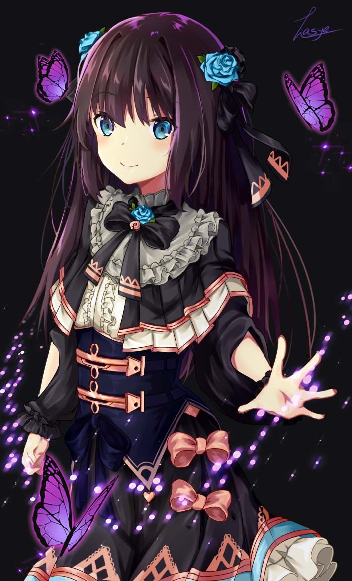 1girl, arcaea, black_background, black_bow, black_bowtie, black_capelet, black_dress, black_hair