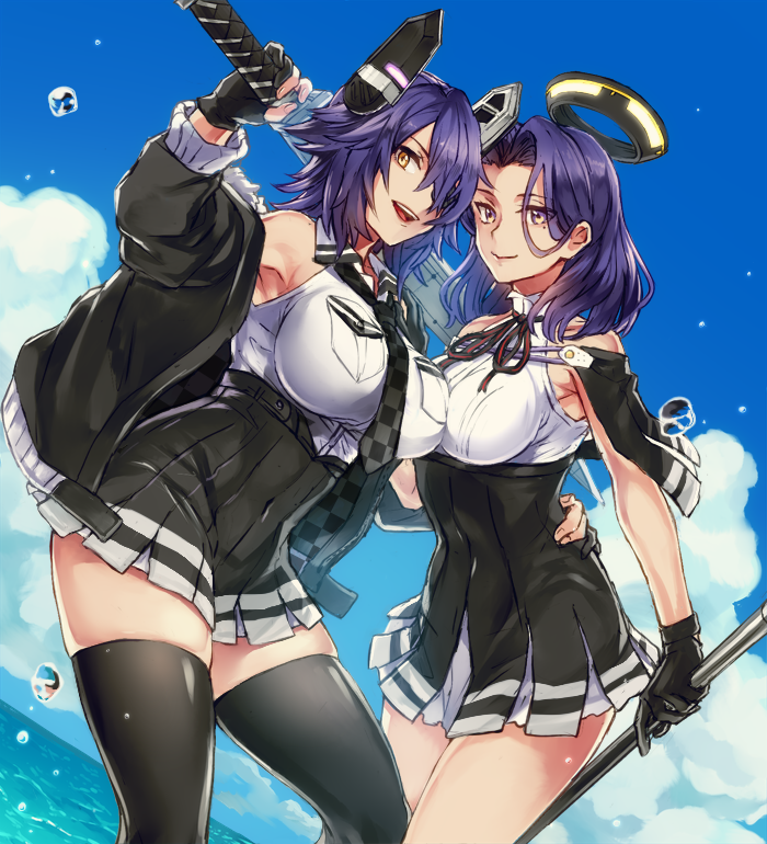 01rosso, 2girls, armpits, bad_id, bad_pixiv_id, black_gloves, black_jacket, black_legwear, black_skirt, breasts, cloud, commentary_request, covered_navel, day, dutch_angle, eyepatch, fur-trimmed_jacket, fur_trim, gloves, hand_on_another's_hip, holding, holding_polearm, holding_spear, holding_sword, holding_weapon, jacket, kantai_collection, large_breasts, looking_at_viewer, multiple_girls, ocean, off_shoulder, open_mouth, partially_fingerless_gloves, pleated_skirt, polearm, purple_hair, shirt, skirt, sleeveless, sleeveless_shirt, spear, sword, tatsuta_(kancolle), tenryuu_(kancolle), thighhighs, thighs, weapon, white_shirt, yellow_eyes